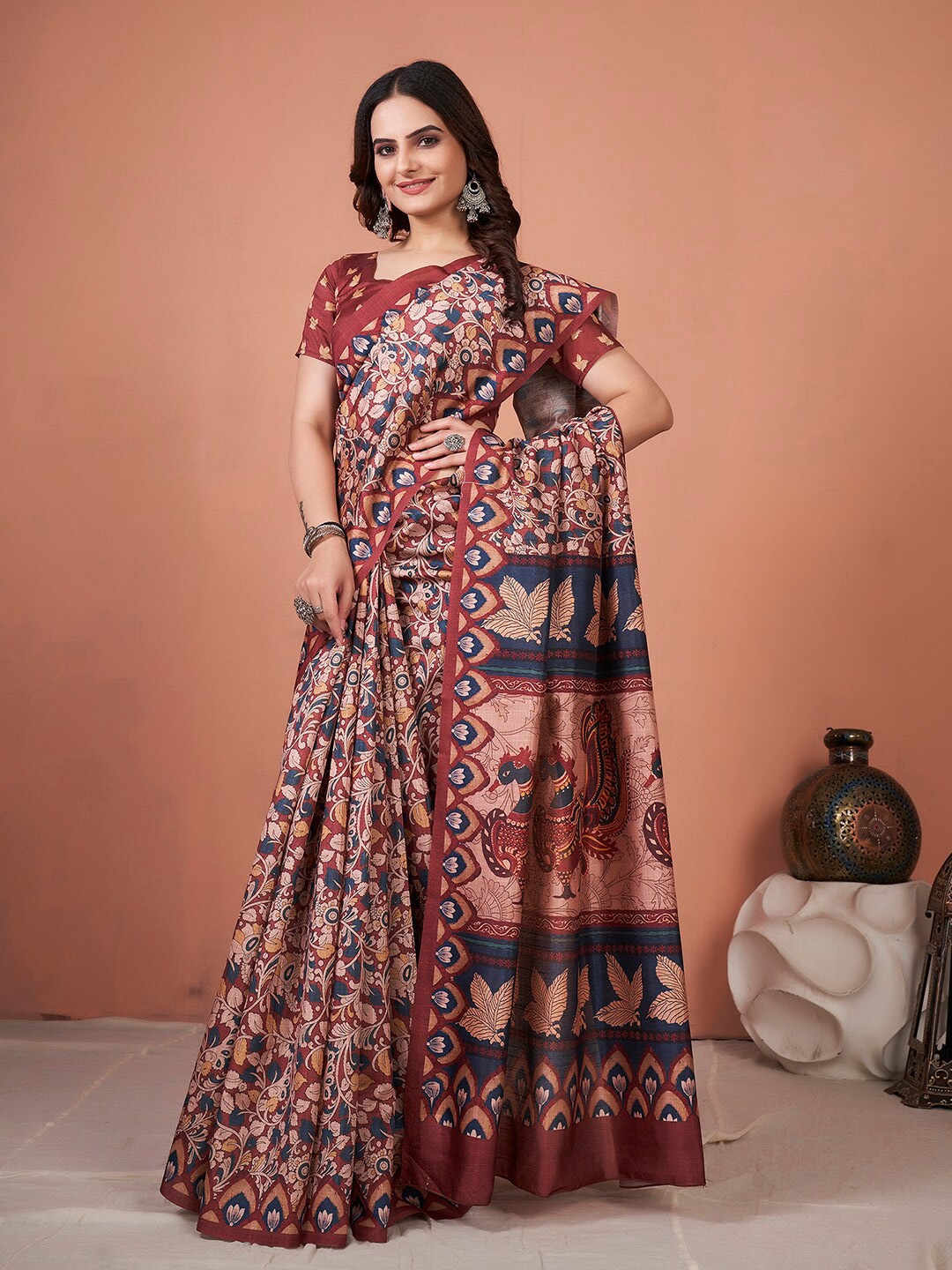 

Mitera Brown & Blue Kalamkari Print Pochampally Saree