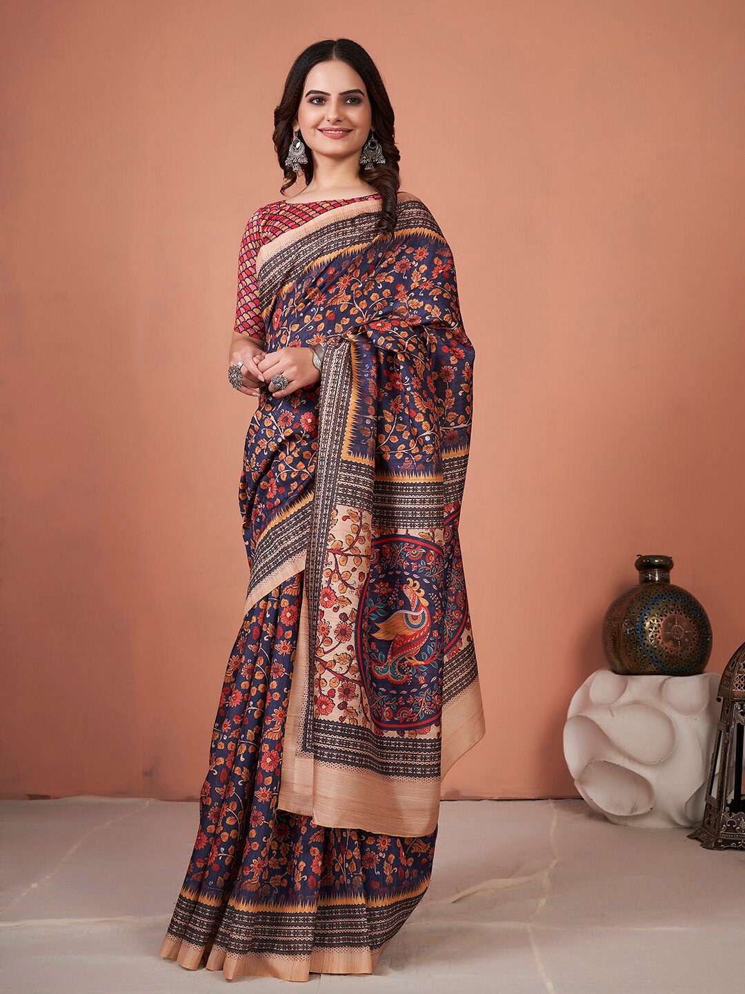 

Mitera Navy Blue & Red Floral Printed Pochampally Saree