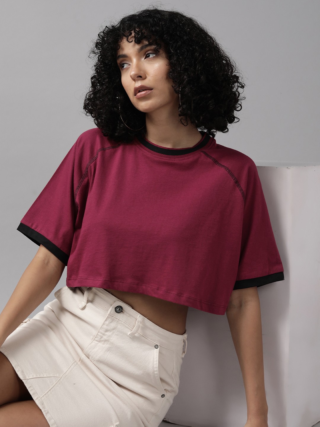 

The Roadster Lifestyle Co. Pure Cotton Boxy Crop T-shirt, Maroon
