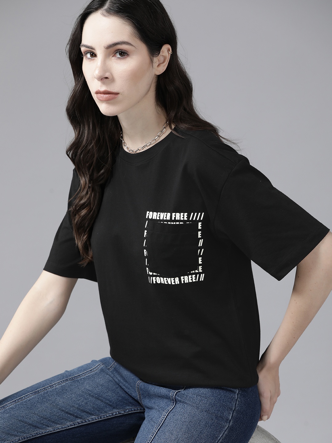 

The Roadster Lifestyle Co. Drop-Shoulder Sleeves Pure Cotton Pockets Detail T-shirt, Black