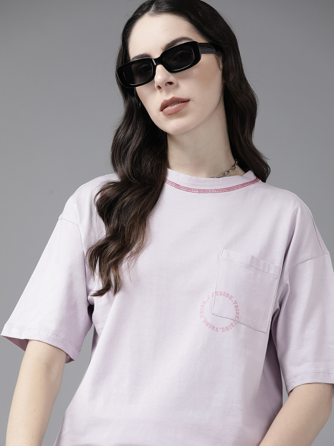 

Roadster Women Lavender Drop-Shoulder Sleeves Pure Cotton Pockets T-shirt