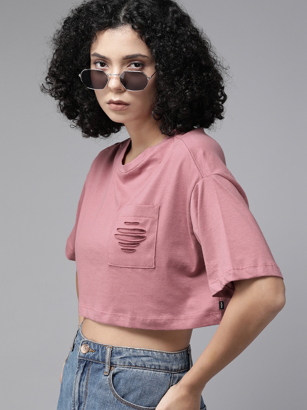 

The Roadster Lifestyle Co. Pure Cotton Boxy Crop T-shirt With Pocket, Rose