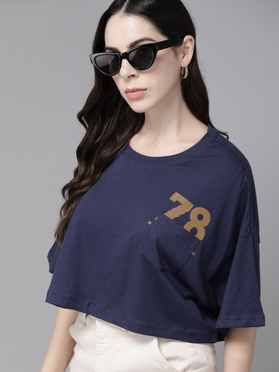 

The Roadster Lifestyle Co. Pure Cotton Boxy Crop T-shirt, Navy blue