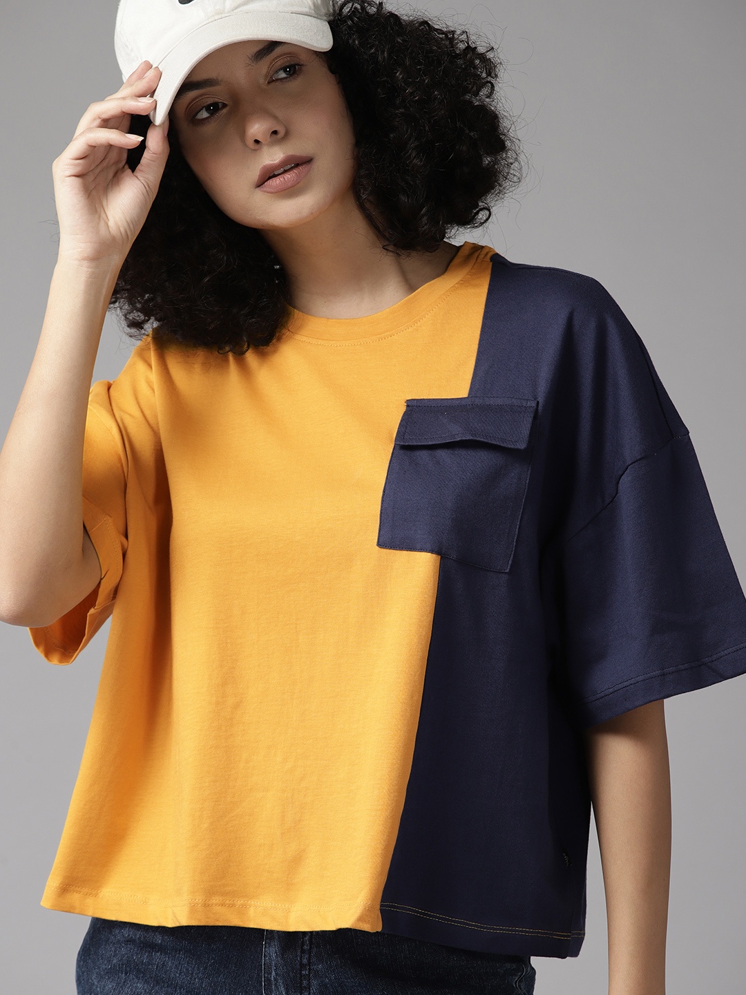 

The Roadster Lifestyle Co. Colourblocked Drop-Shoulder Sleeves Boxy Pure Cotton T-shirt, Mustard