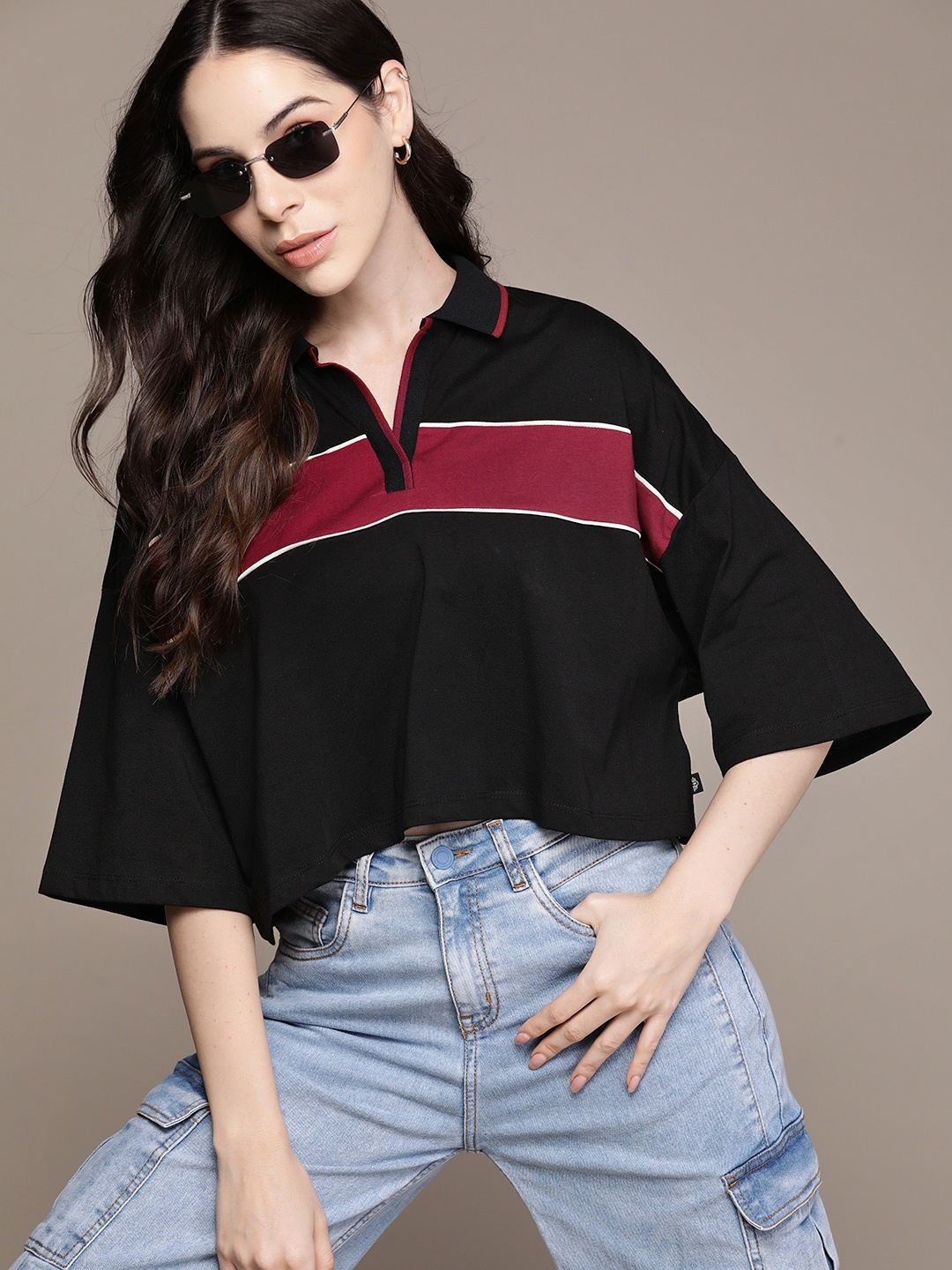

The Roadster Lifestyle Co. Striped Pure Cotton Boxy Polo Collar T-shirt, Black