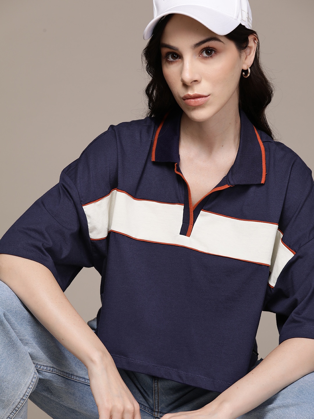 

The Roadster Lifestyle Co. Striped Pure Cotton Boxy Polo Collar T-shirt, Navy blue