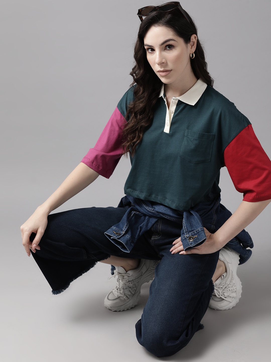 

The Roadster Lifestyle Co. Colourblocked Polo Collar Boxy T-shirt, Green
