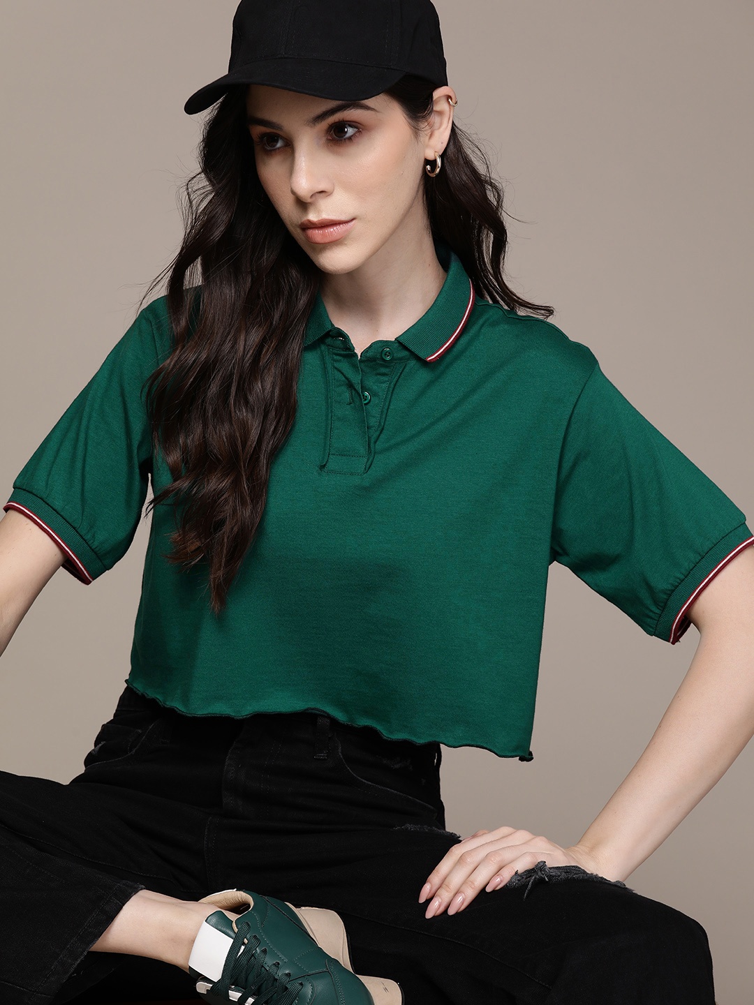 

The Roadster Lifestyle Co. Pure Cotton Cropped Boxy Polo Collar T-shirt, Green