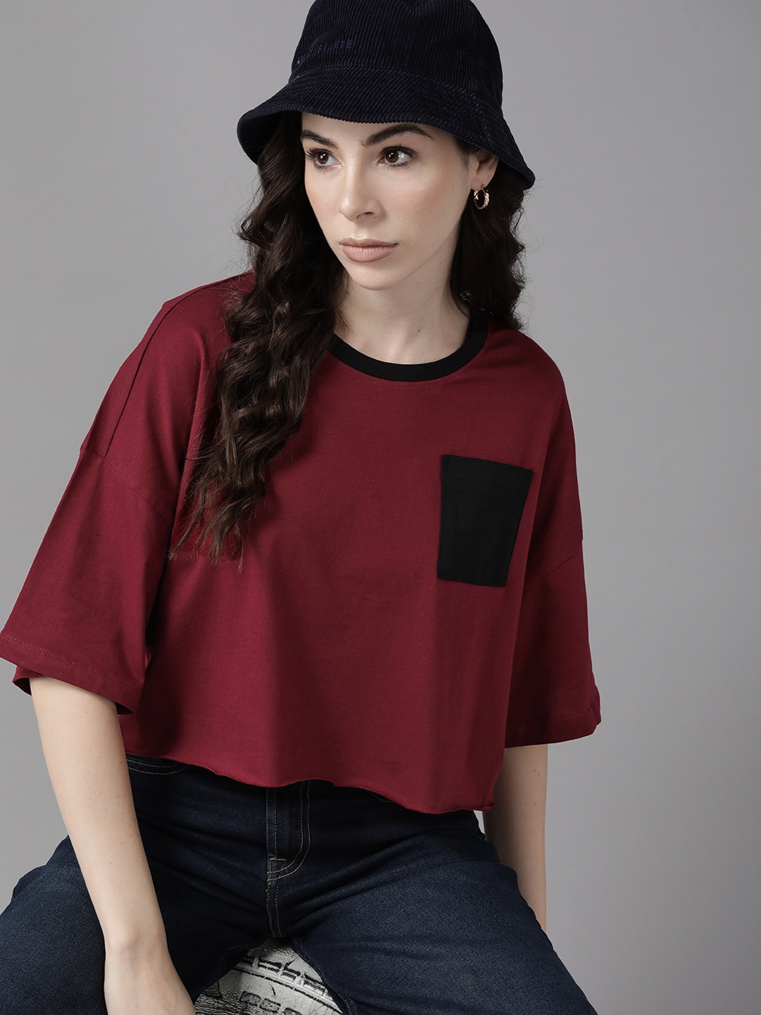 

The Roadster Lifestyle Co. Cotton Drop-Shoulder Sleeves Boxy T-shirt, Maroon