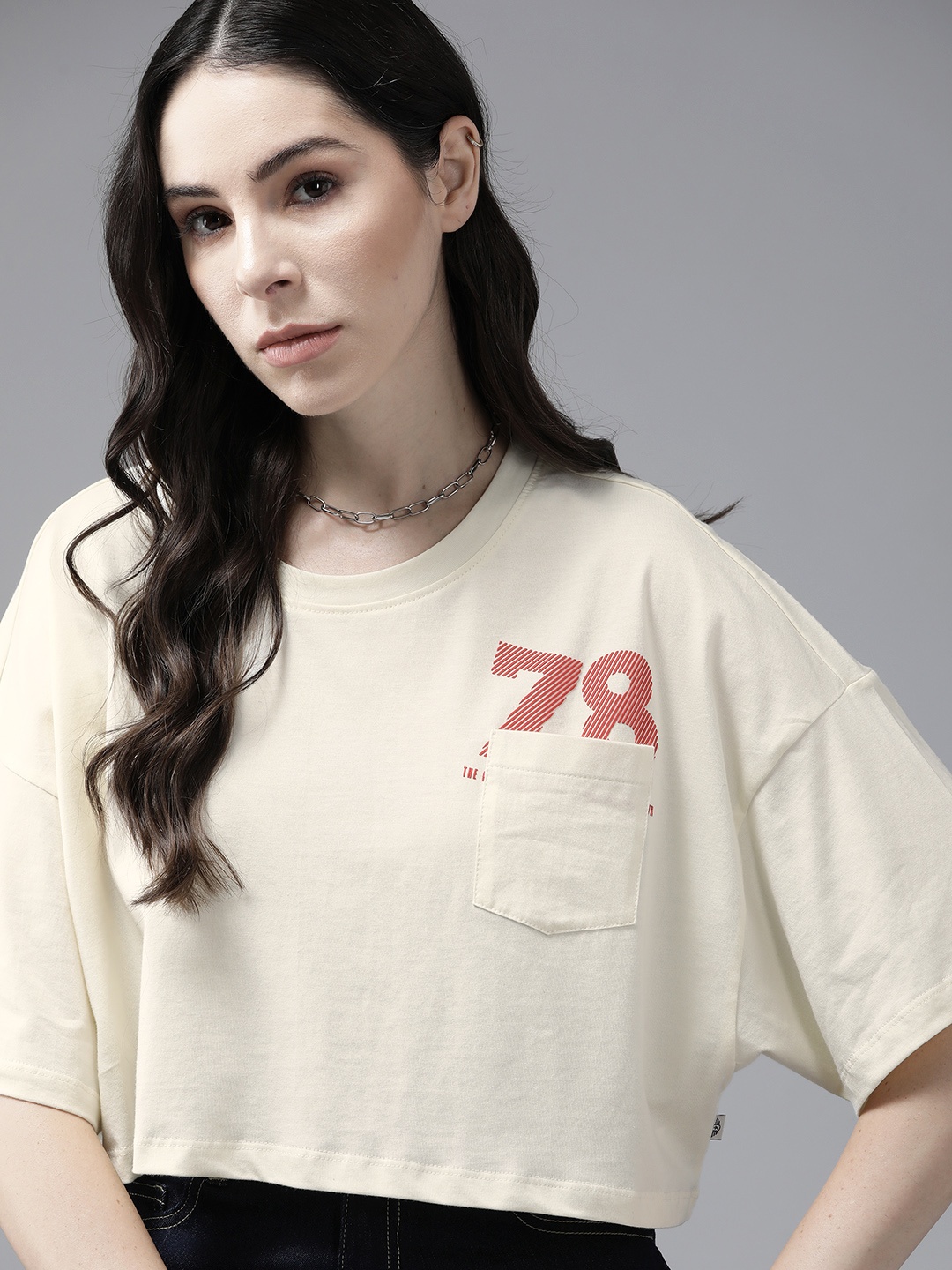 

The Roadster Lifestyle Co. Pure Cotton Pockets Boxy Crop T-shirt, Cream