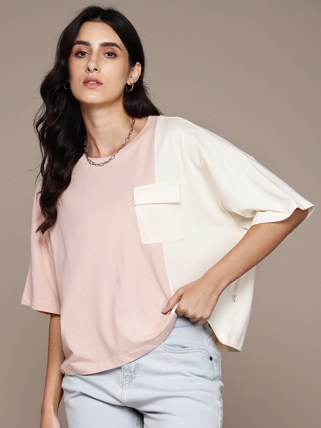 

The Roadster Lifestyle Co. Colourblocked Pure Cotton Pocket Boxy T-shirt, Pink