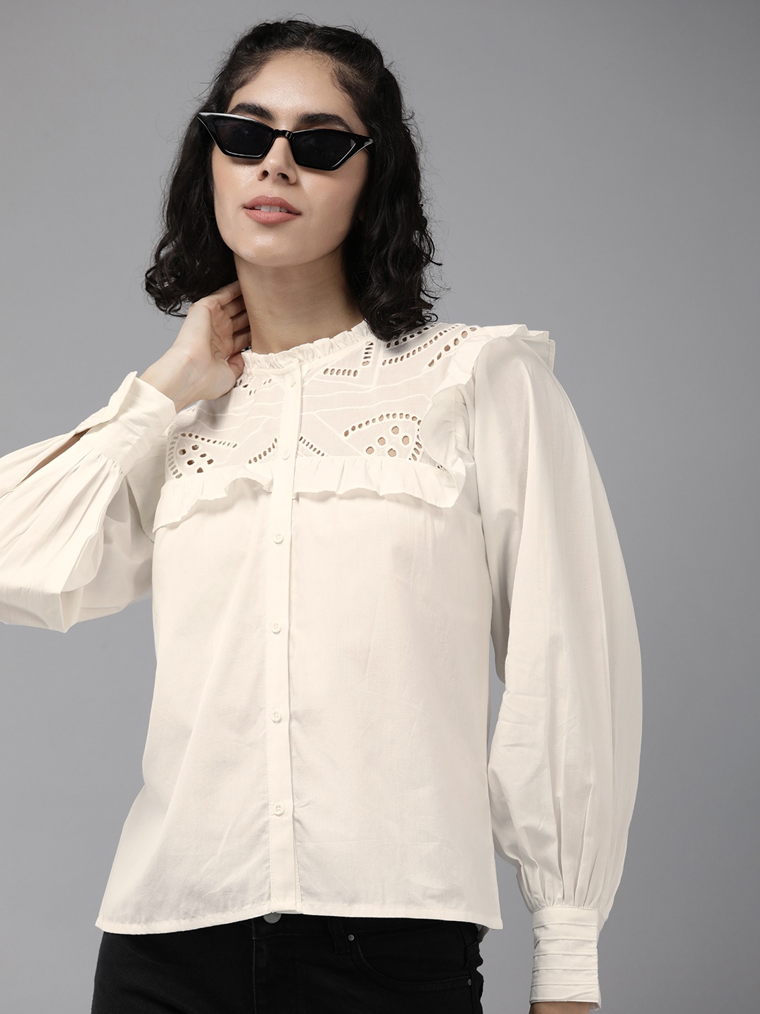 

The Roadster Life Co. Ruffles & Embroidered Detail Puff Sleeves Pure Cotton Casual Shirt, White