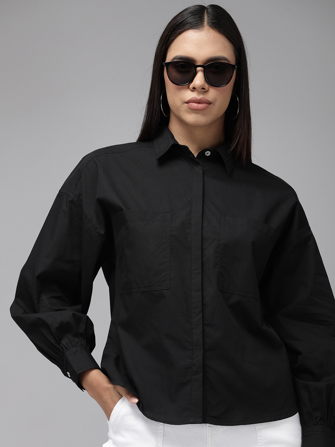 

The Roadster Life Co. Pure Cotton Concealed Placket Boxy Casual Shirt, Black