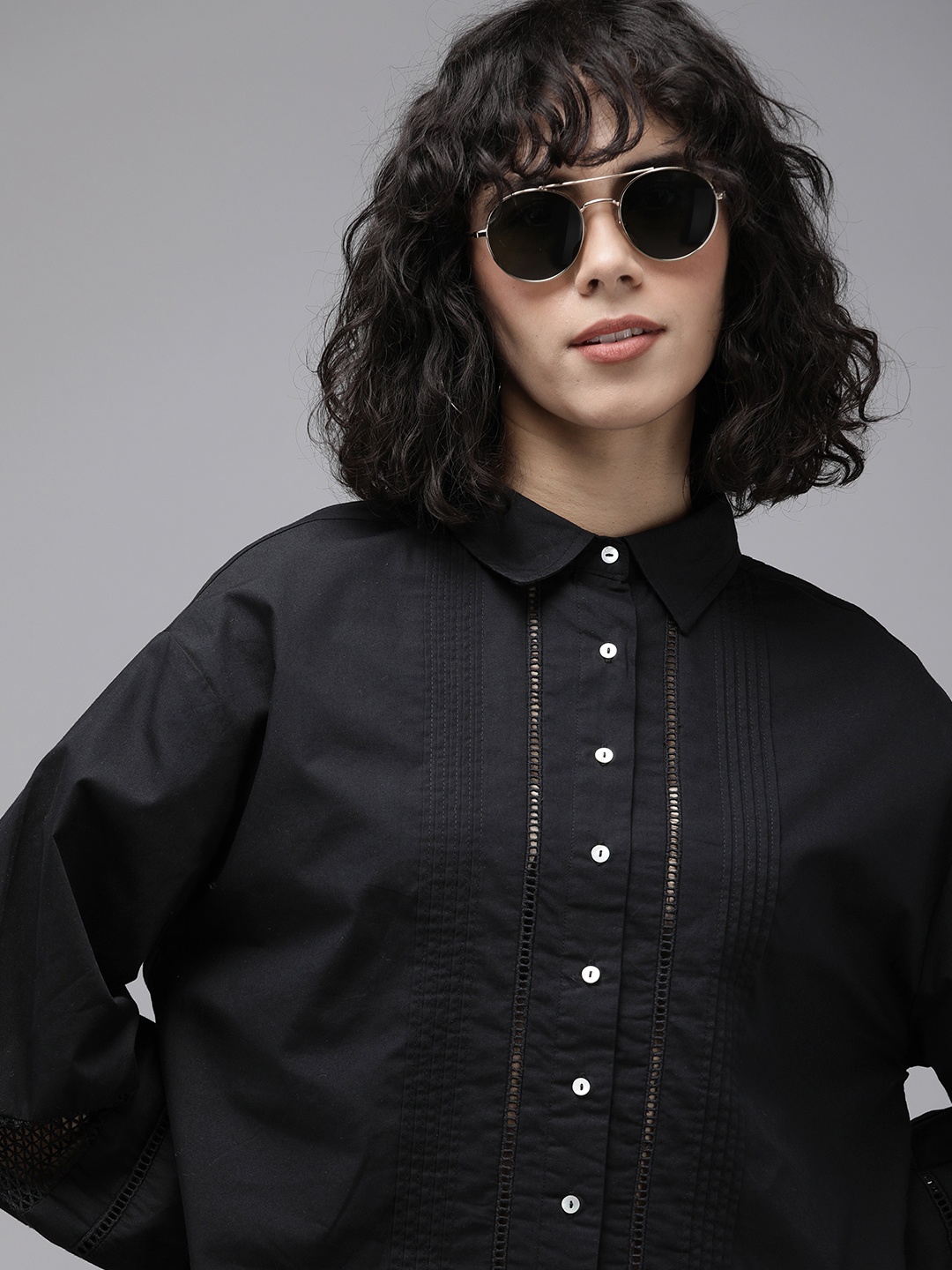 

The Roadster Life Co. Pure Cotton Lace Detail Casual Shirt, Black