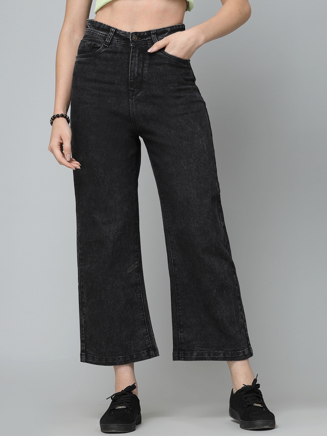 

DressBerry Women Charcoal Wide Leg High-Rise Cotton Jeans