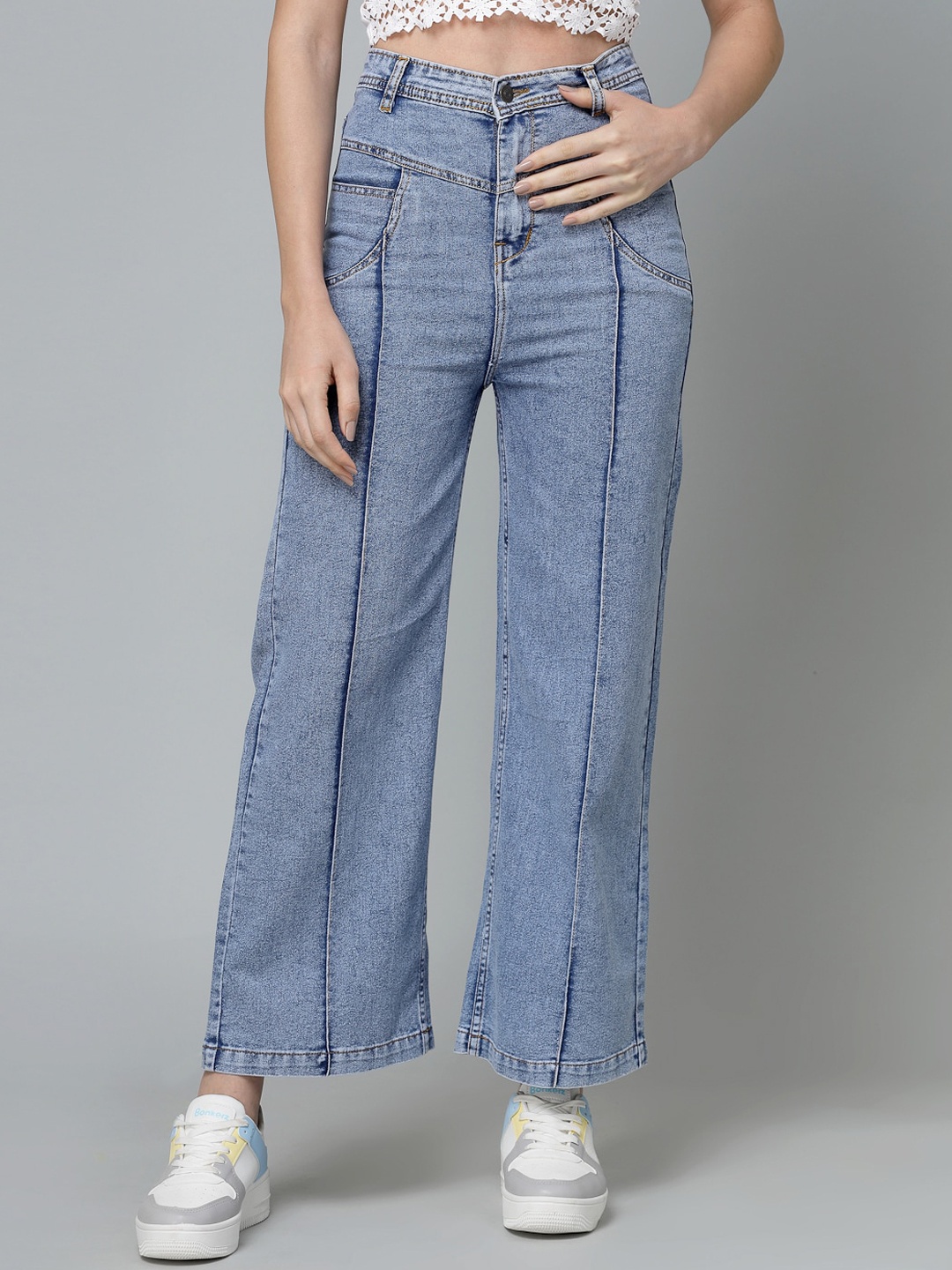 

DressBerry Women Blue Wide Leg High-Rise Heavy Fade Cotton Jeans