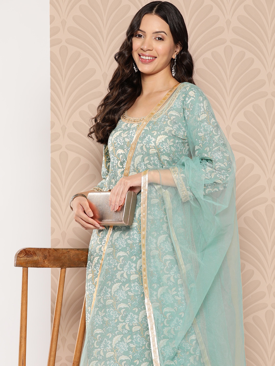 

Varanga Floral Printed Regular Pure Cotton Kurta with Palazzos & Dupatta, Sea green