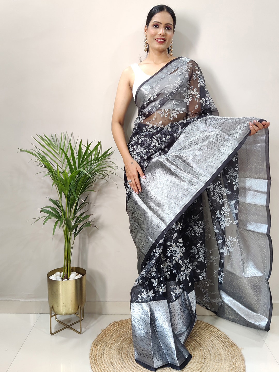 

Mitera Black & Silver-Toned Floral Printed Zari Organza Saree