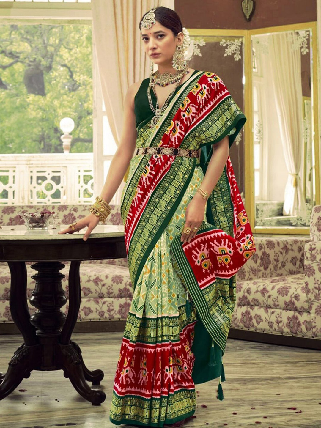 

Mitera Green & Red Printed Zari Silk Blend Saree