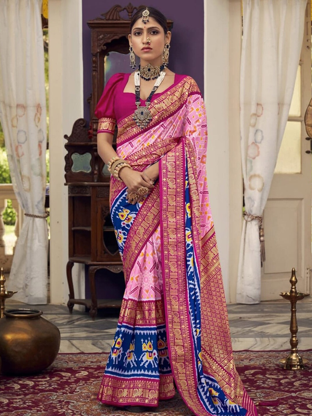 

Mitera Pink & Blue Printed Silk Blend Saree