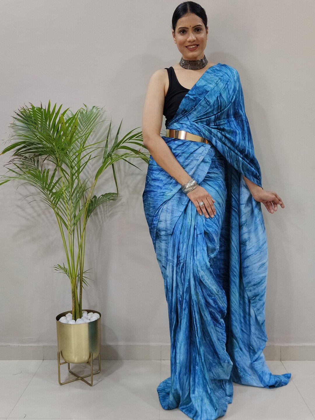 

Mitera Blue Printed Art Silk Saree