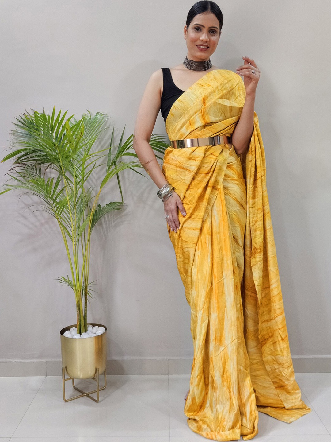 

Mitera Yellow Printed Art Silk Saree
