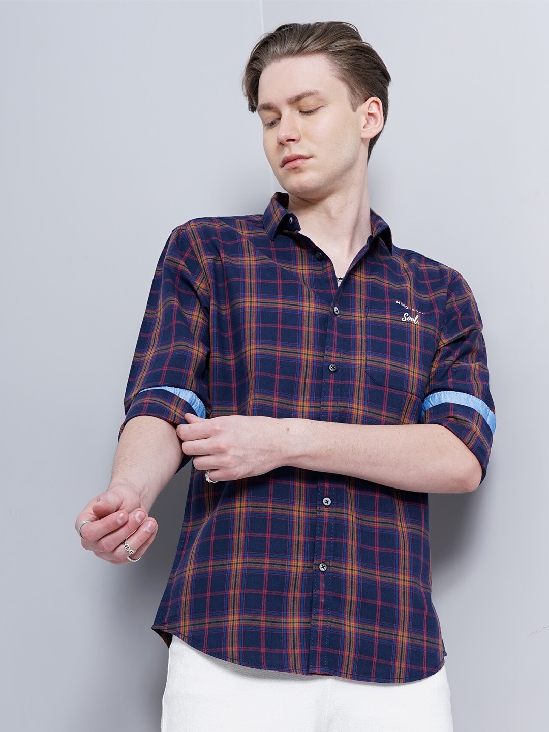 

British Club Smart Slim Fit Tartan Checked Cotton Casual Shirt, Navy blue