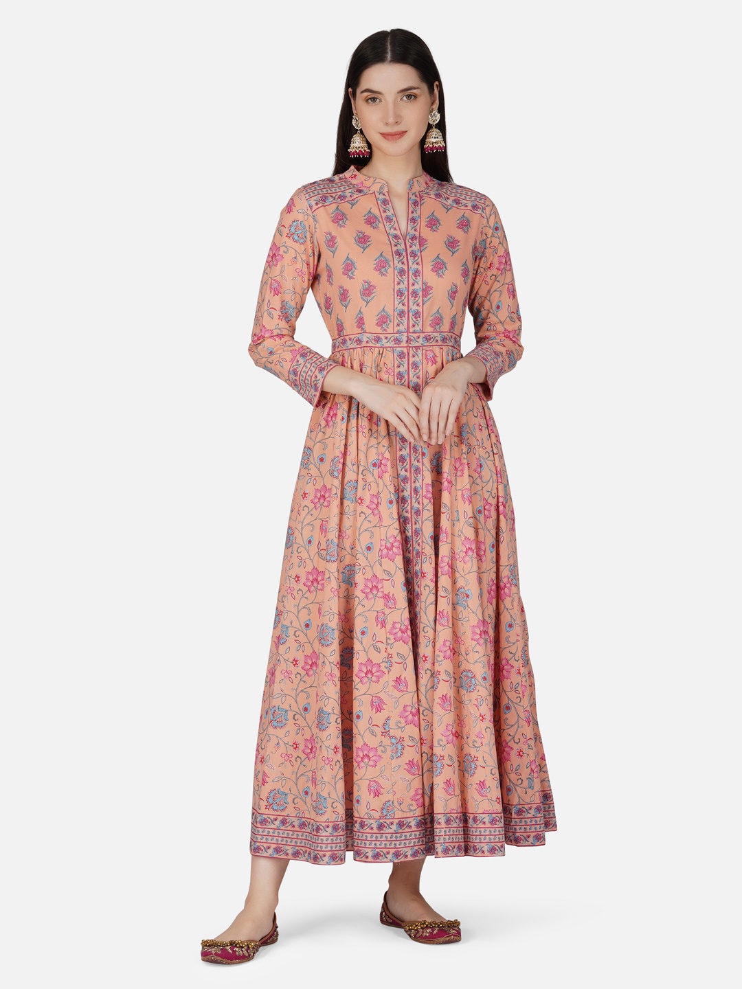 

GULAB CHAND TRENDS Floral Printed Mandarin Collar Cotton Fit & Flare Maxi Dress, Peach