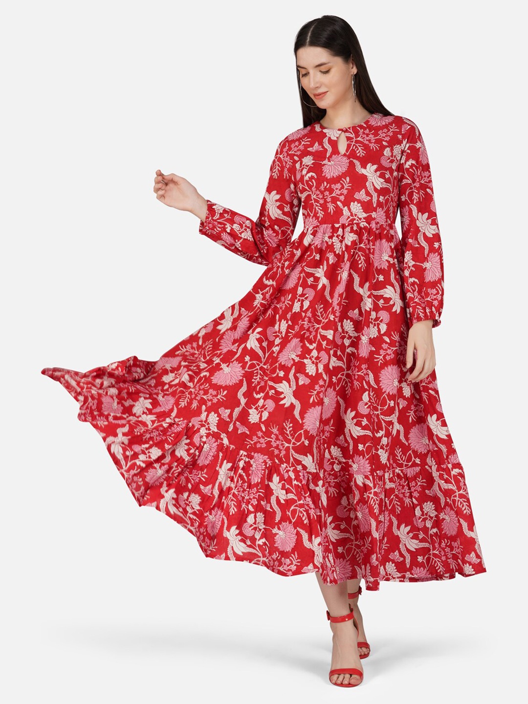 

GULAB CHAND TRENDS Floral Printed Puff Sleeves Gathered Detailed Cotton Fit & Flare Midi Dress, Red