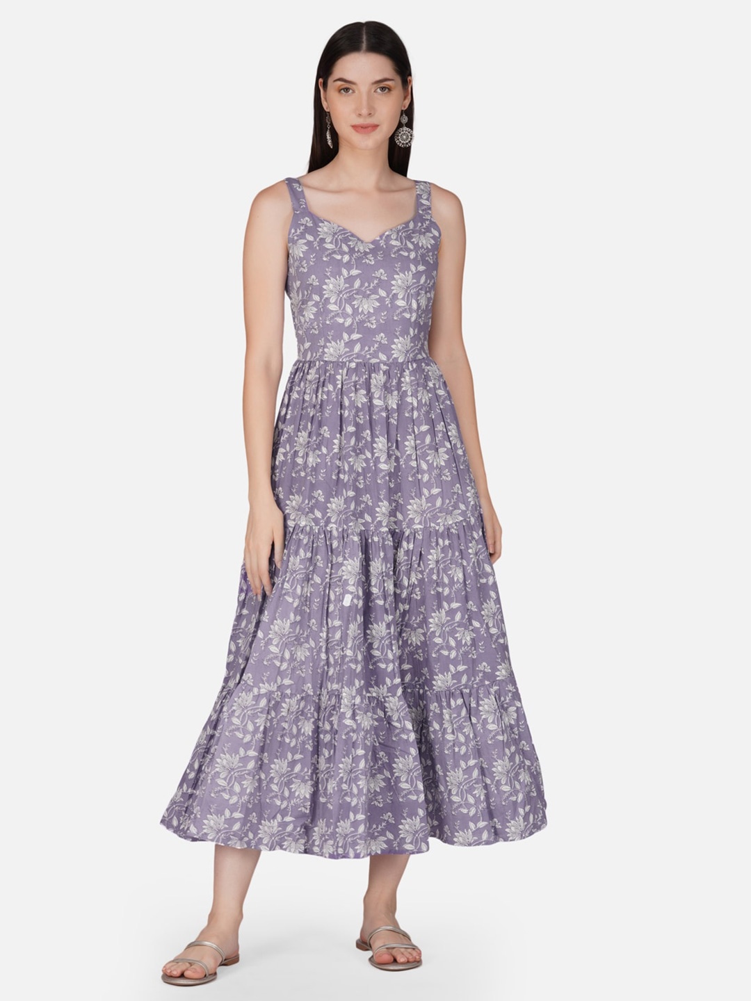 

GULAB CHAND TRENDS Floral Printed Tiered Gathered Detailed Cotton Fit & Flare Midi Dress, Purple