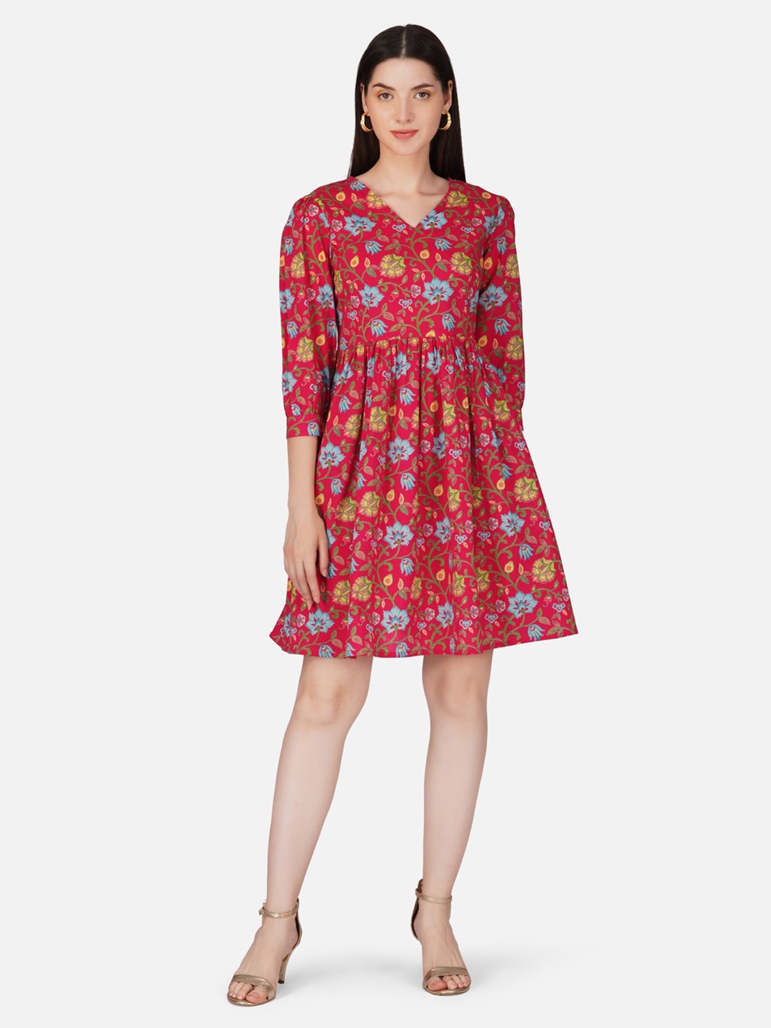 

GULAB CHAND TRENDS Floral Printed Gathered Detailed Cotton Fit & Flare Dress, Red