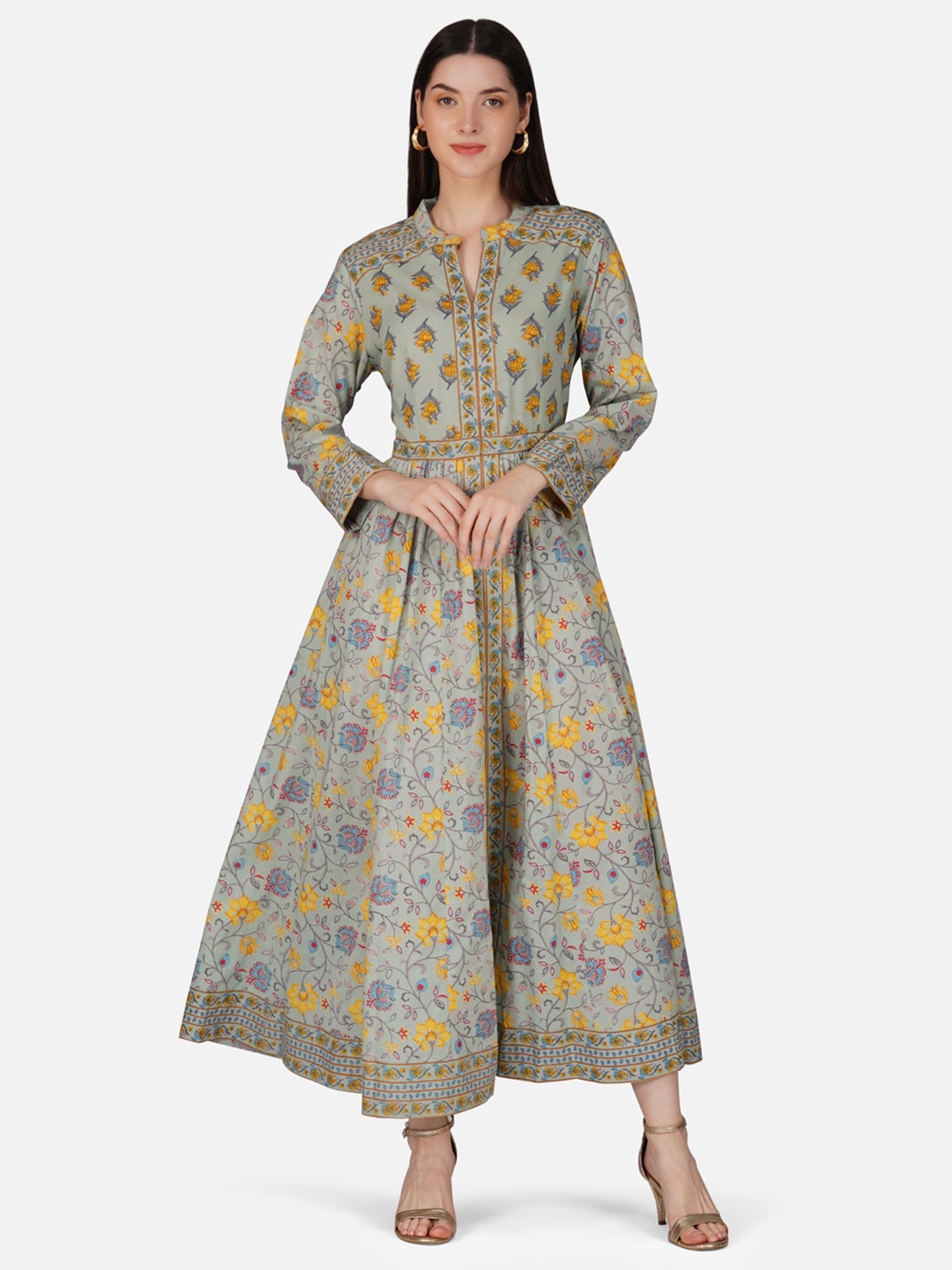 GULAB CHAND TRENDS Floral Printed Cotton Fit & Flare Dress, Grey