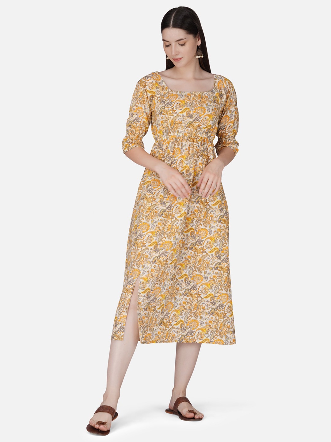 GULAB CHAND TRENDS Floral Printed Gathered Cotton Fit & Flare Ethnic Dress, Cream