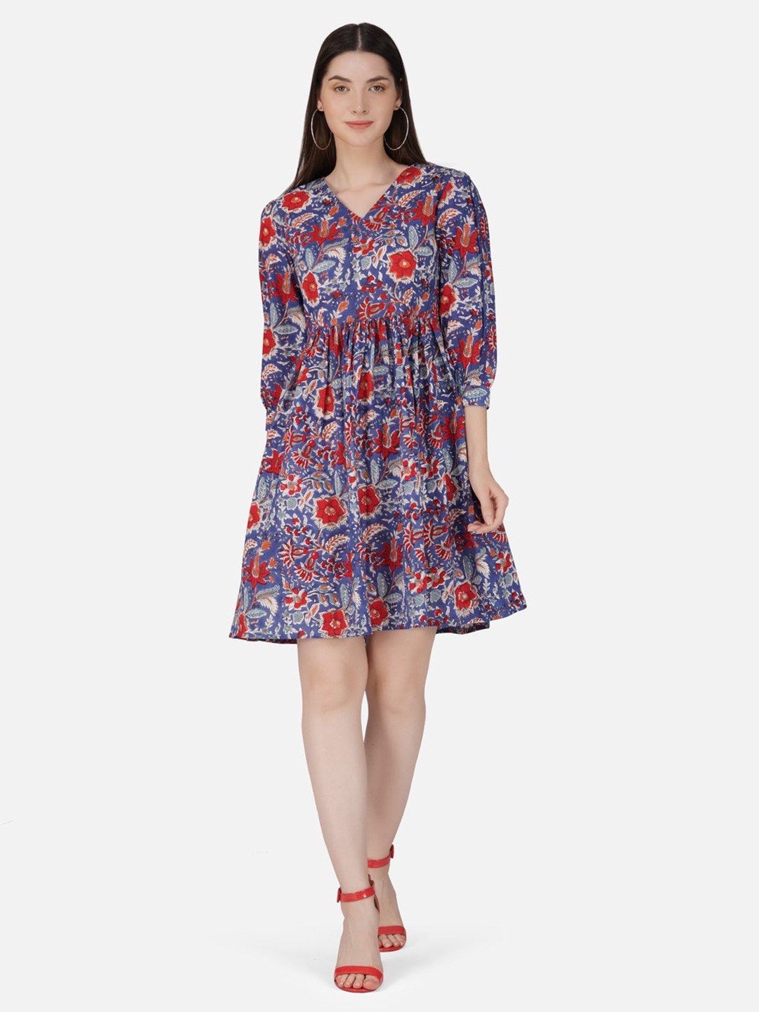 

GULAB CHAND TRENDS Floral Printed Gathered Detailed Cotton Fit & Flare Dress, Blue