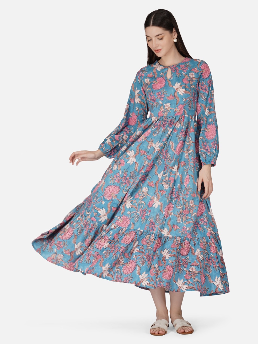 

GULAB CHAND TRENDS Floral Printed Puff Sleeve Tiered Gathers Detailed Cotton Fit & Flare Midi Dress, Blue