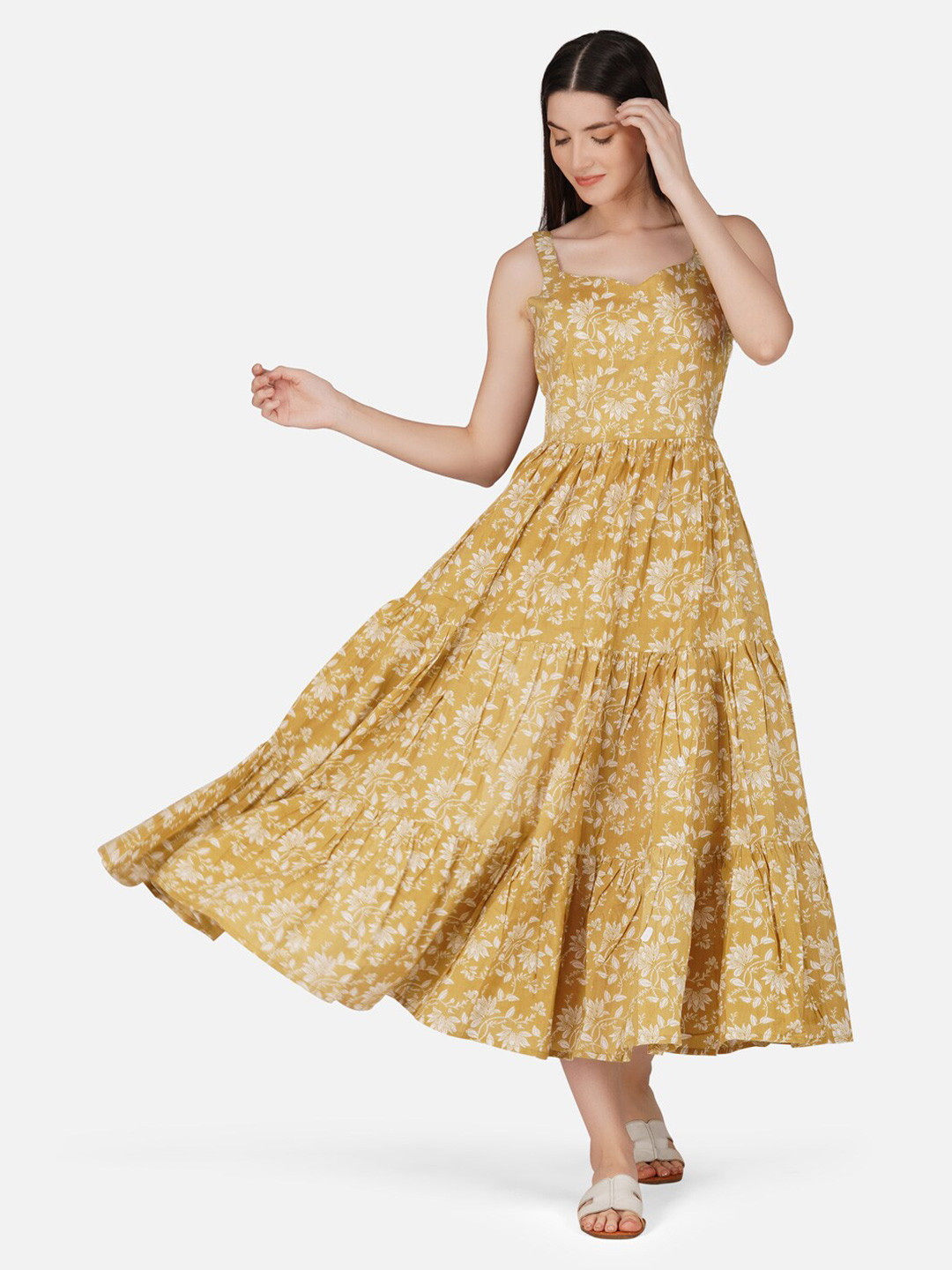 

GULAB CHAND TRENDS Floral Printed Shoulder Strap Tiered Gathers Cotton Detailed Fit & Flare Dress, Yellow