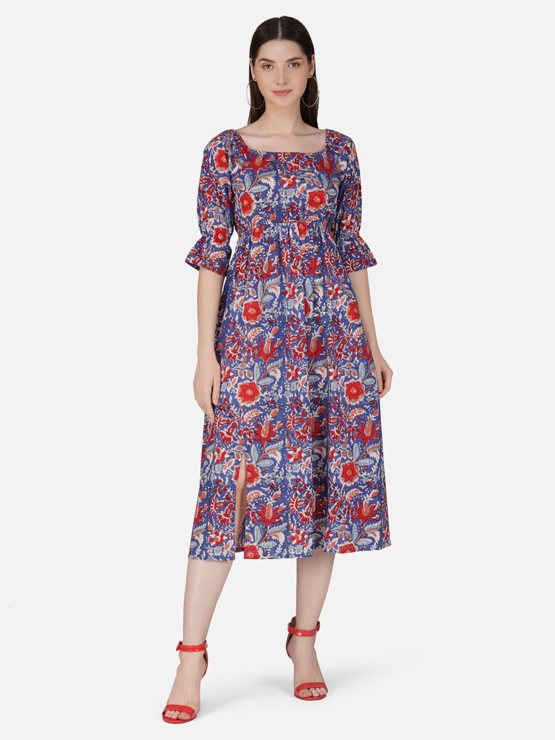 

GULAB CHAND TRENDS Floral Printed Gathered Cotton Fit & Flare Ethnic Dress, Blue