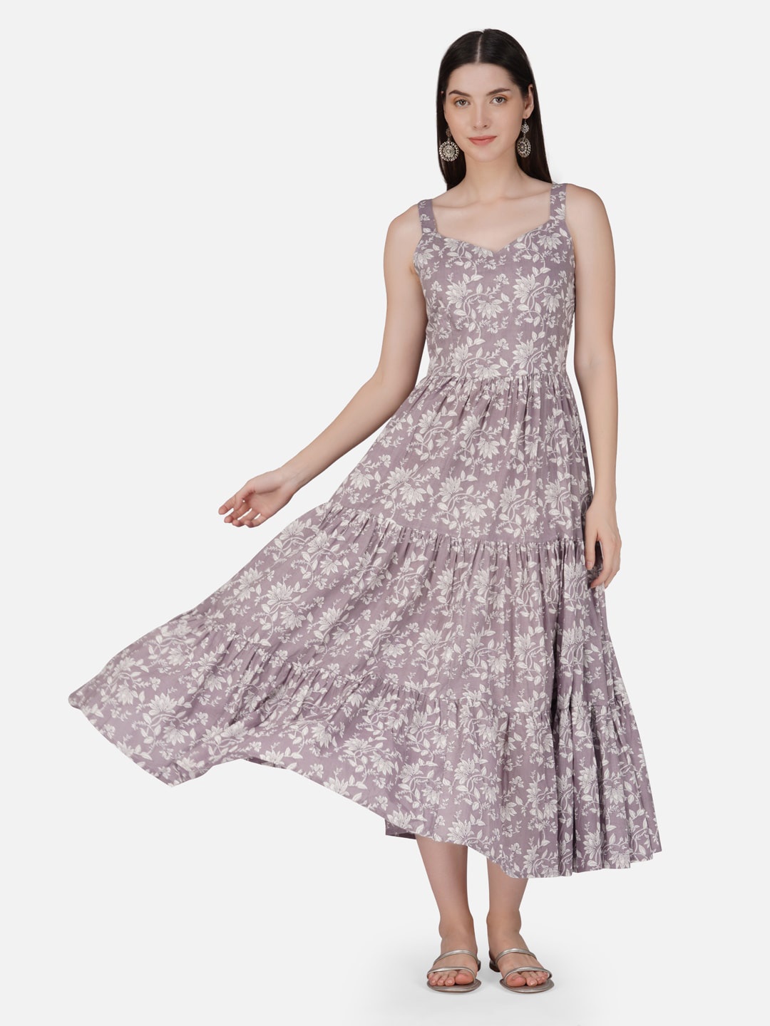 

GULAB CHAND TRENDS Floral Printed Tiered Gathers Detailed Cotton Fit & Flare Midi Dress, Grey