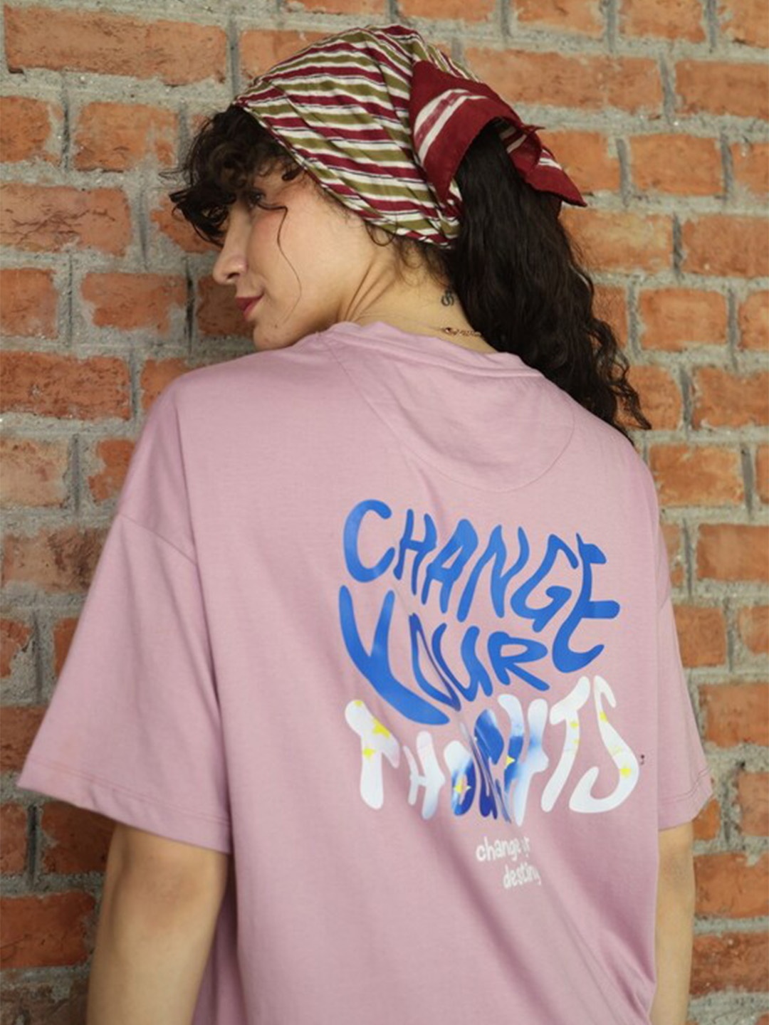 

TITTLI Typography Printed Drop Shoulder Sleeves Pure Cotton Oversized T-shirt, Mauve
