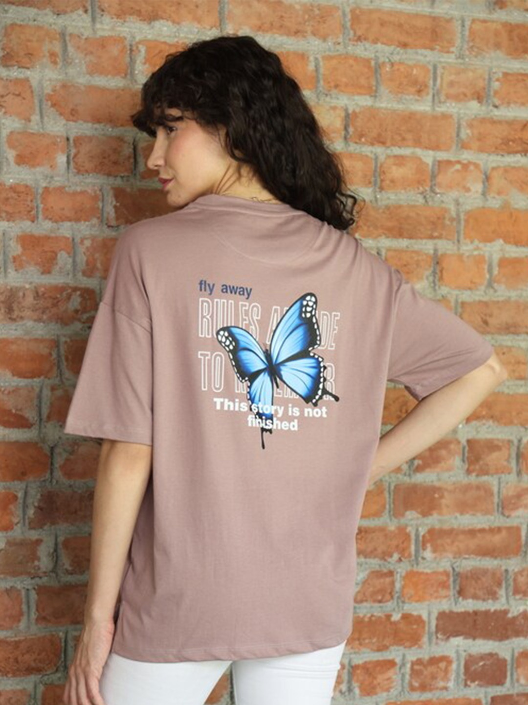 

TITTLI Graphic Printed Drop Shoulder Sleeves Pure Cotton Oversized T-shirt, Brown