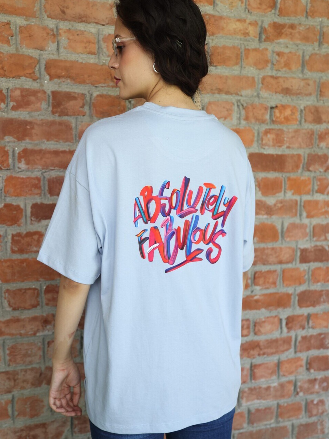 

TITTLI Typography Printed Drop Shoulder Sleeves Pure Cotton Oversized T-shirt, Blue