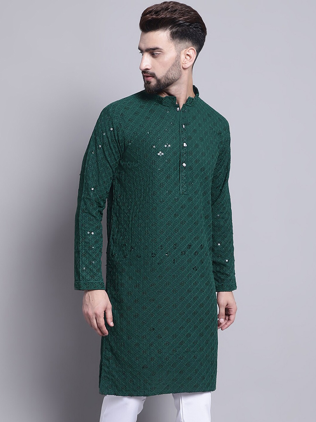 

SOJANYA Embellished Mandarin Collar Sequinned Pure Cotton Kurta, Green