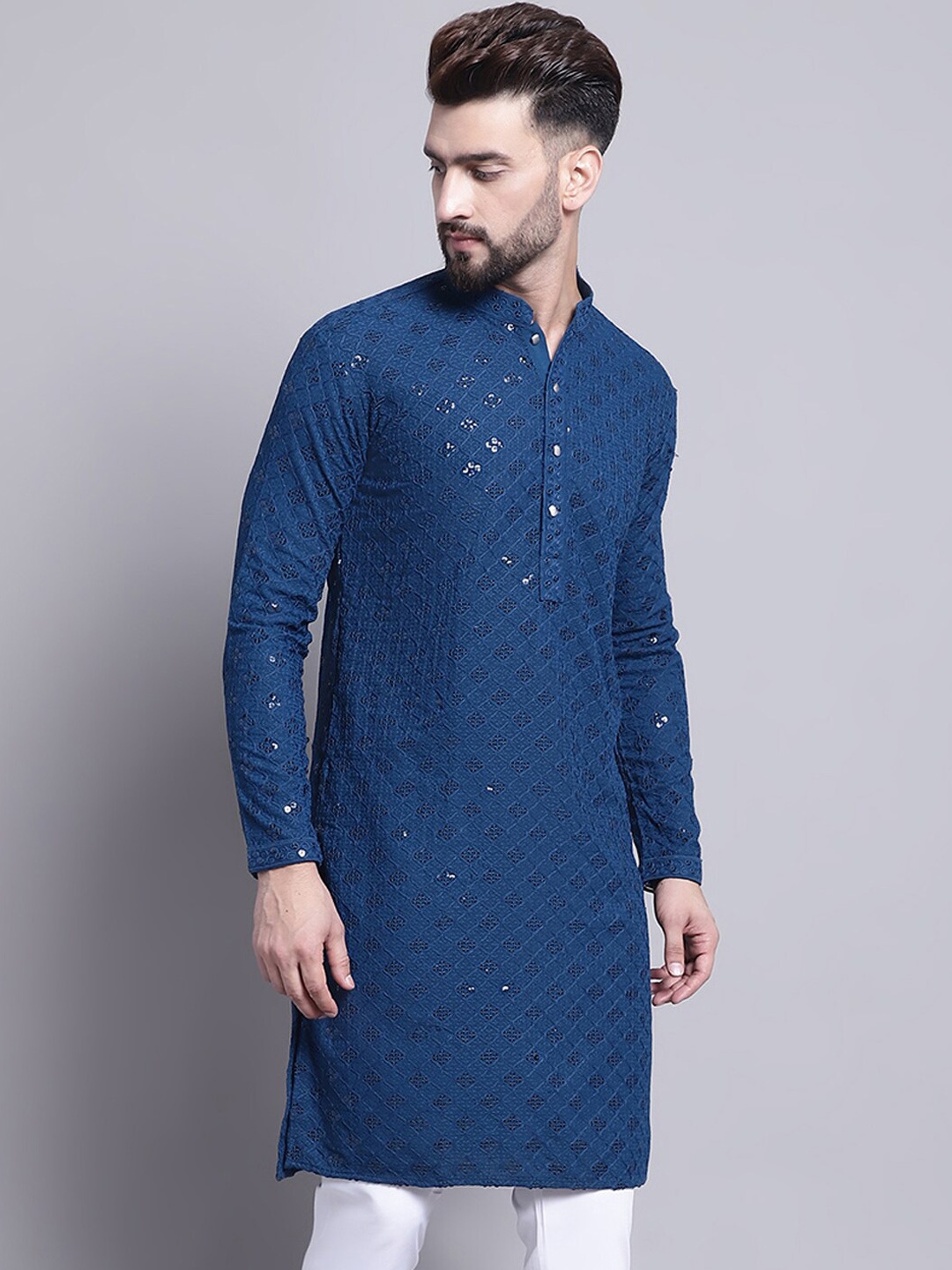 

SOJANYA Geometric Embroidered Sequence Mandarin Collar Pure Cotton Kurta, Teal