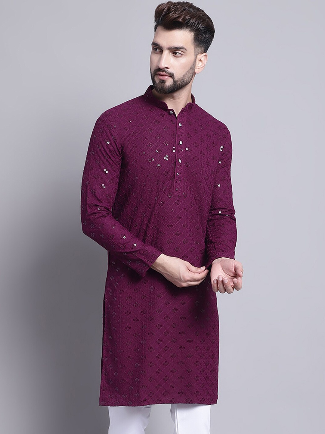 

SOJANYA Geometric Embroidered Sequence Mandarin Collar Pure Cotton Kurta, Purple