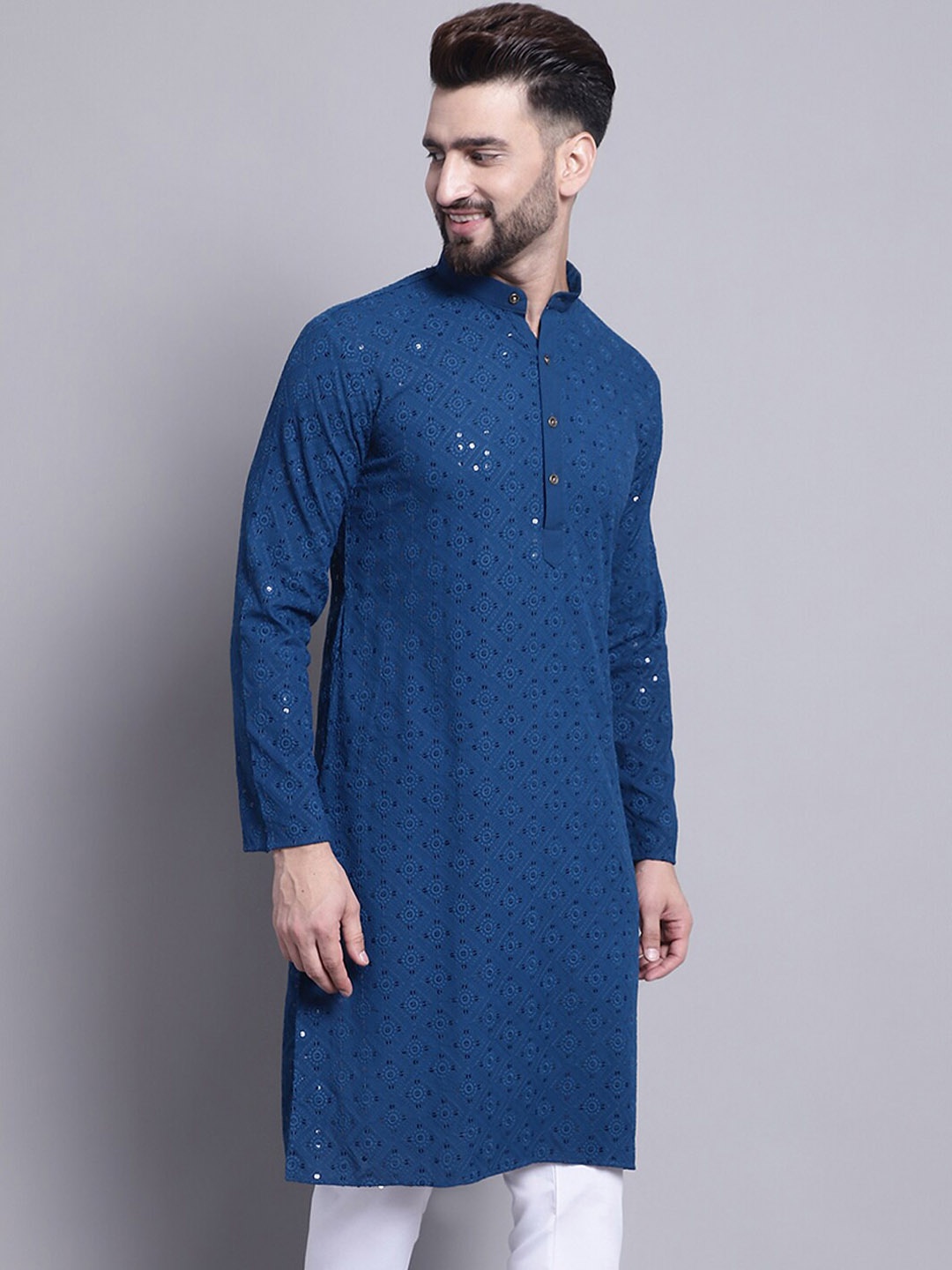 

SOJANYA Geometric Embroidered Sequence Mandarin Collar Pure Cotton Kurta, Teal