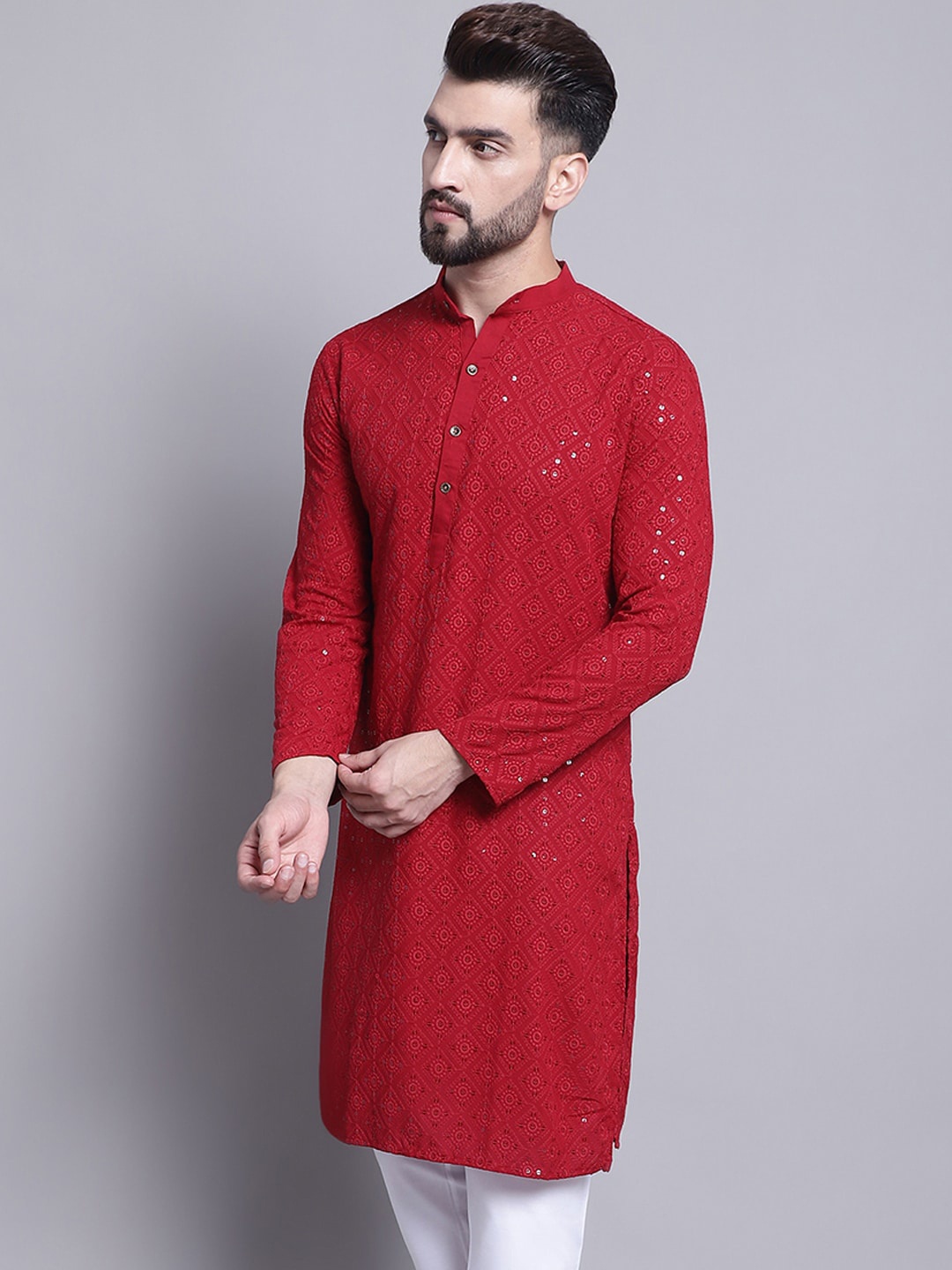 

SOJANYA Geometric Embroidered Sequence Mandarin Collar Pure Cotton Kurta, Maroon