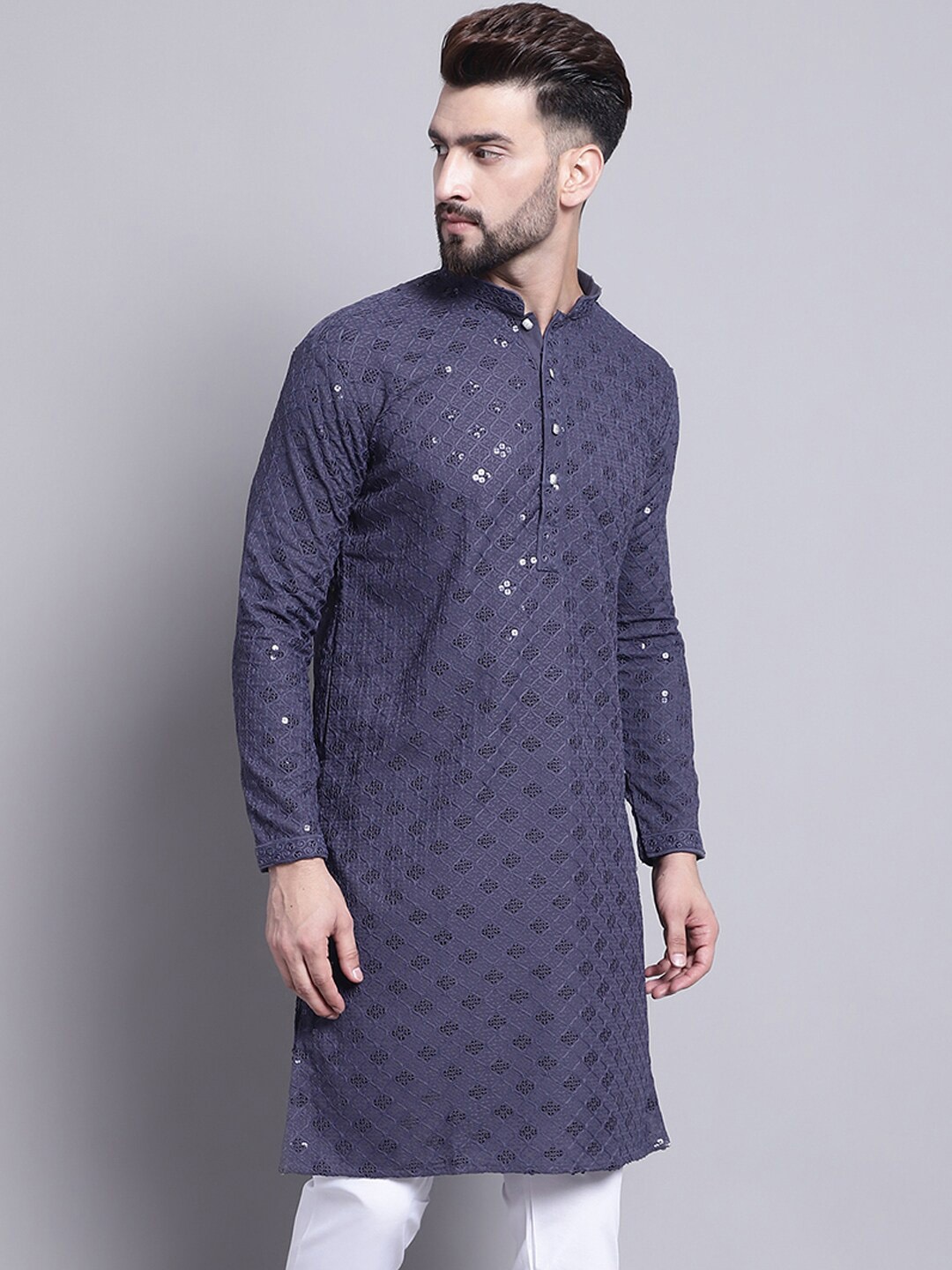 

SOJANYA Geometric Embroidered Sequence Mandarin Collar Pure Cotton Kurta, Grey