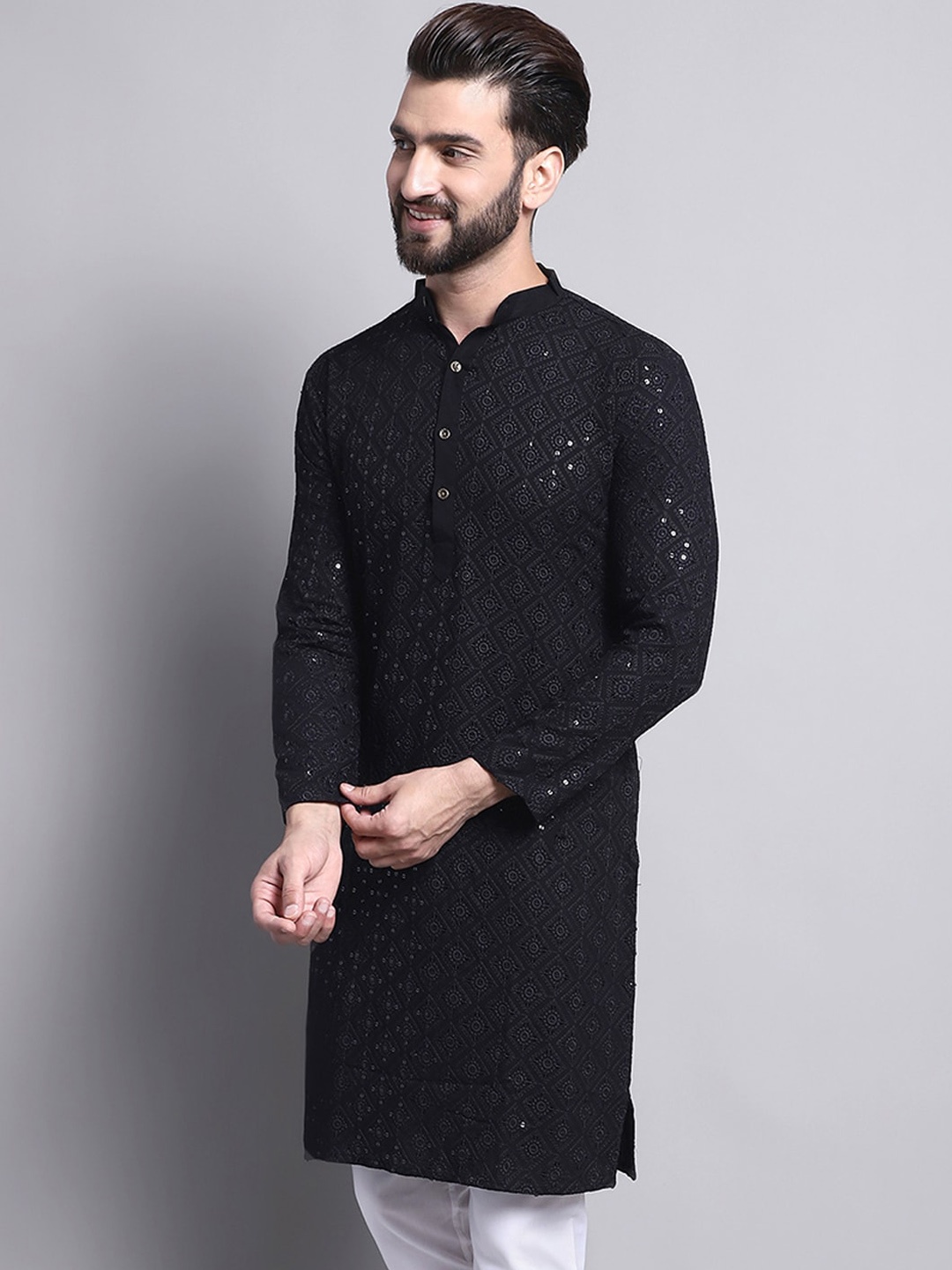 

SOJANYA Geometric Embroidered Sequence Mandarin Collar Pure Cotton Kurta, Black