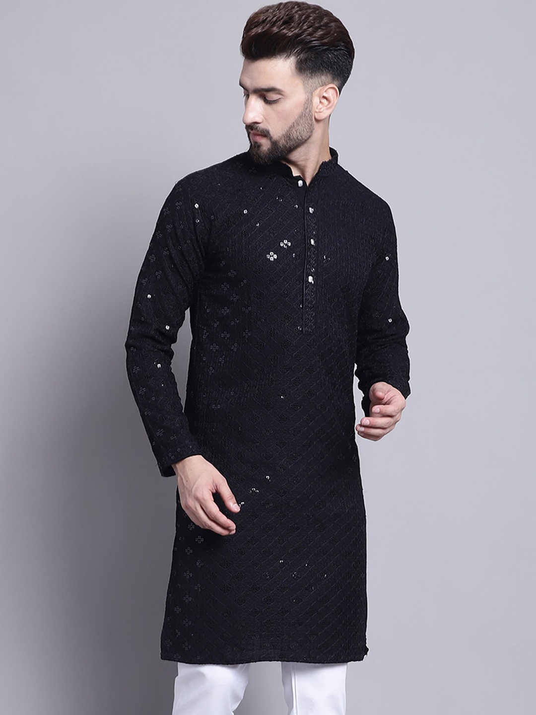 

SOJANYA Embellished Mandarin Collar Sequinned Pure Cotton Kurta, Black