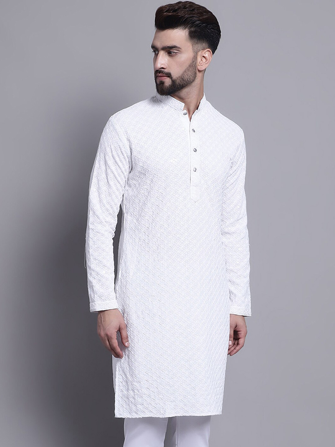 

SOJANYA Mandarin Collar Chikankari Embroidered Pure Cotton Kurta, White
